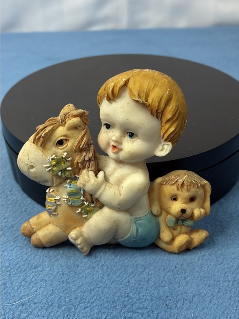 Unk Beige & Blue Baby Figurine with Horse and Puppy
